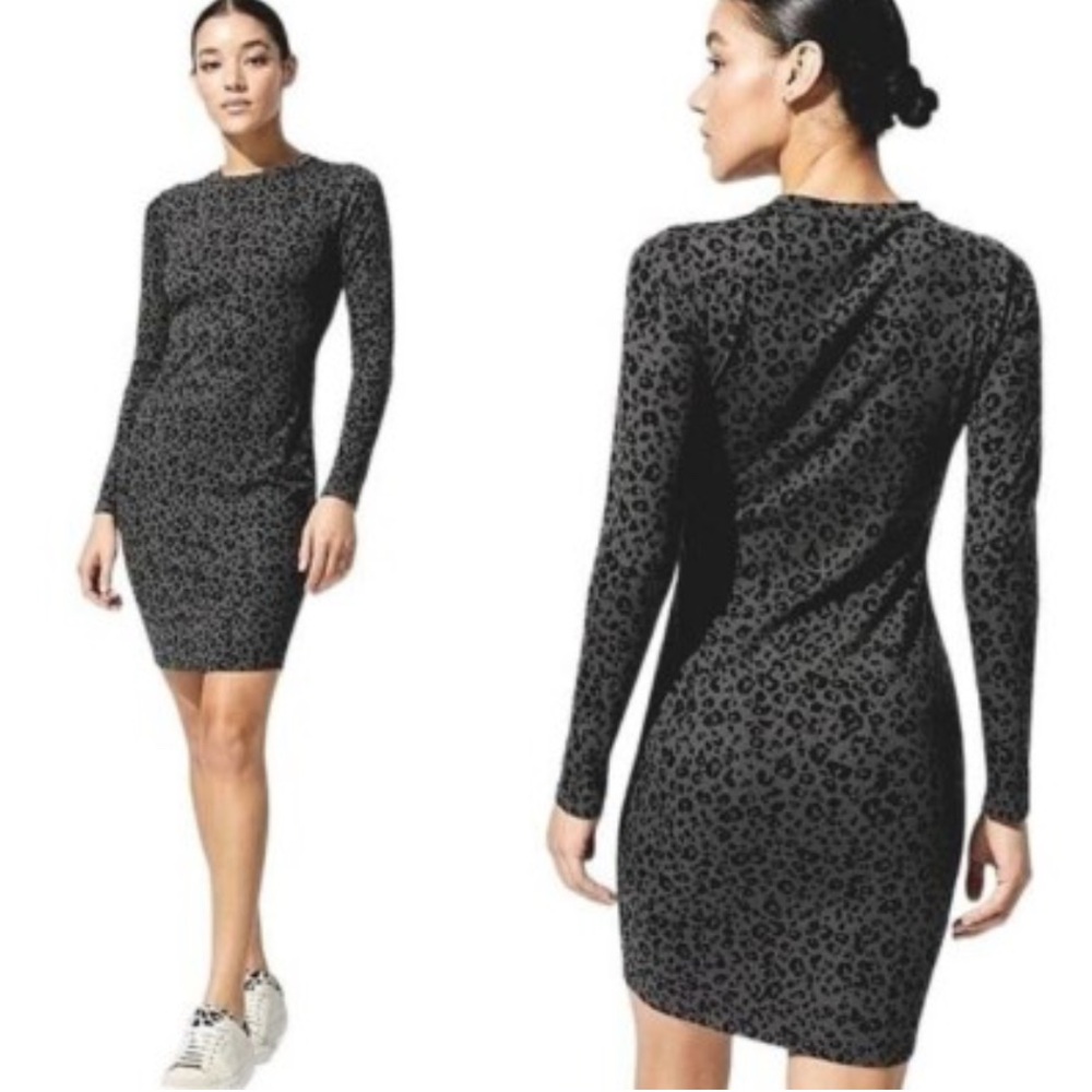 Carbon 38 Women's Gray/Black Leopard Ribbed Dress Small Bodycon Long Sleeve
